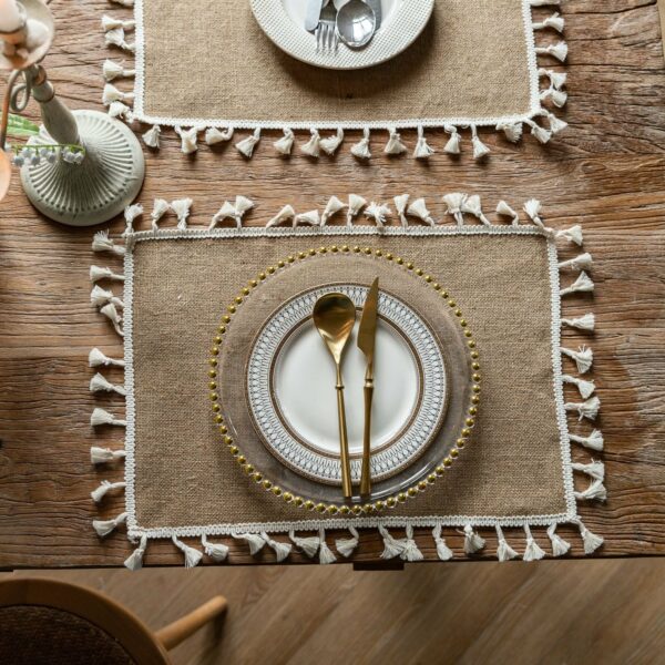 Vintage Jute Tassel Table Runner Round Bowl Mat Rectangular Heat Insulating Placemat 02