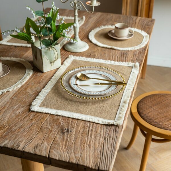 Vintage Jute Tassel Table Runner Round Bowl Mat Rectangular Heat Insulating Placemat 01