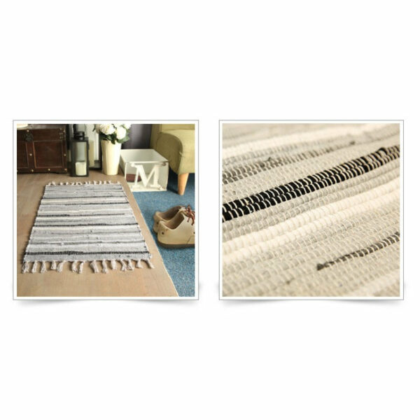 Grey Handmade Eco-Friendly Cotton Striped Carpet With Tassel For Bedroom Bedside Kitchen Living Room Bathroom Absorbent Floor Mat - Image 3
