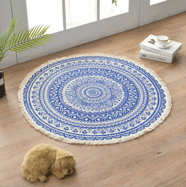 Blue Round Cotton Woven Rug Mandala Boho Floor Mat Living Room Bedroom Tasseled Foot Mat Yoga Cushion