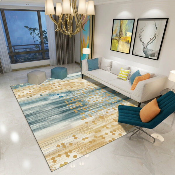 Modern Blue Striped Yellow Geometric Patterned Carpet Living Room Bedroom Office Hall Floor Mat Rugs