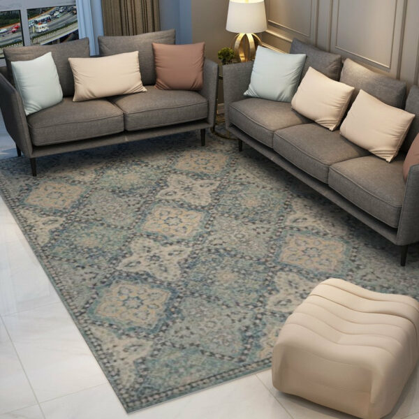 Blue Vintage Traditional Shaggy Geometric Rugs for Living Room Dining Room Bedroom Hall