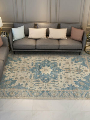 Quality Blue Floral Pattern Traditional Polyester Vintage Area Rugs Floor Mat for Living Room Hall Office