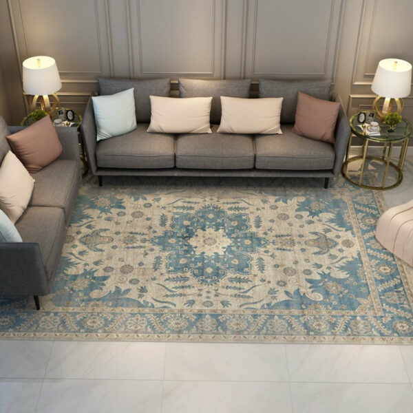 Quality Blue Floral Pattern Traditional Polyester Vintage Area Rugs Floor Mat for Living Room Hall Office