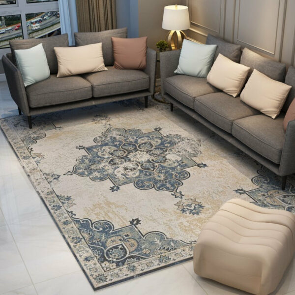 Blue White Traditional Printed Pattern Polyester Vintage Area Rugs Floor Mat for Living Room Hall Office - Image 3