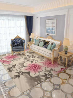 Pink Grey Modern Area Rugs Floral Patterned Polyester Carpets for Hall Dining Living Room Room Office Kidsroom