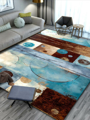 Blue Brown Abstract Idyllic Geometric Pattern Rugs for Living Room Dining Room Bedroom Hall