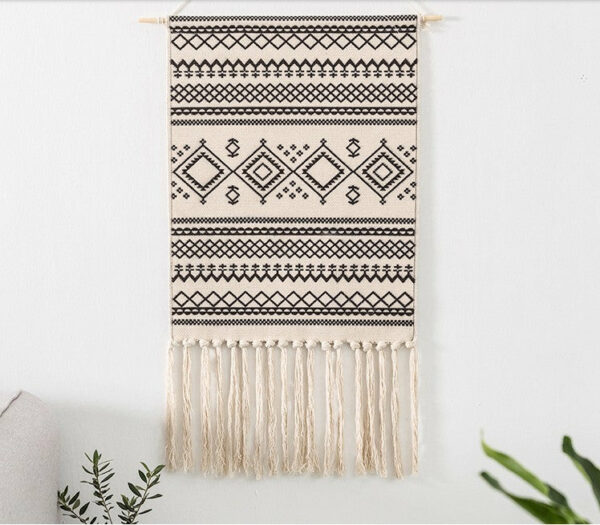 Decorative Black Moroccan Geometric Pattern Cotton Hanging Rugs Tapestry with Tassel Handwoven for Bedroom Living Room Hall Wall Decor Art Tapestries