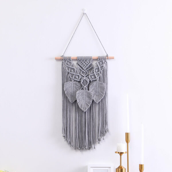 Grey Hand Woven Leaves Ornament Cotton Hanging Rugs Tapestry With Tassel Handwoven For Bedroom Living Room Hall Wall Decor Art Tapestries - Image 2