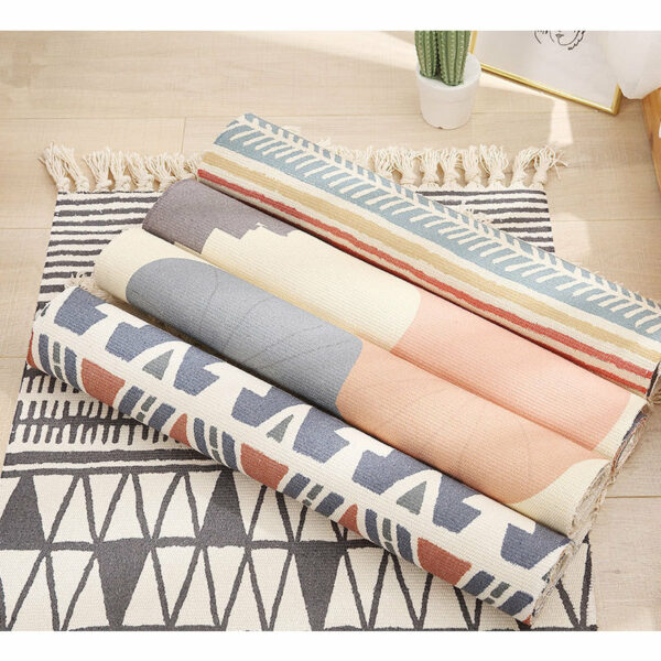 Decorative Moroccan Cotton Area Rug Hand Woven Rug Entryway Bedside Runner Thin Floor Mat Carpet with Tassel - Image 2