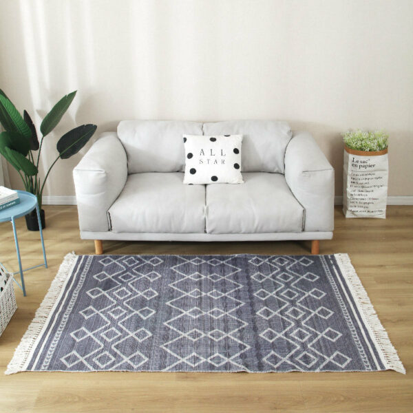 Grey Geometric Cotton Area Rug with Tassel Hand Woven Floor Carpet Rug for Living Room Bedroom - Image 4