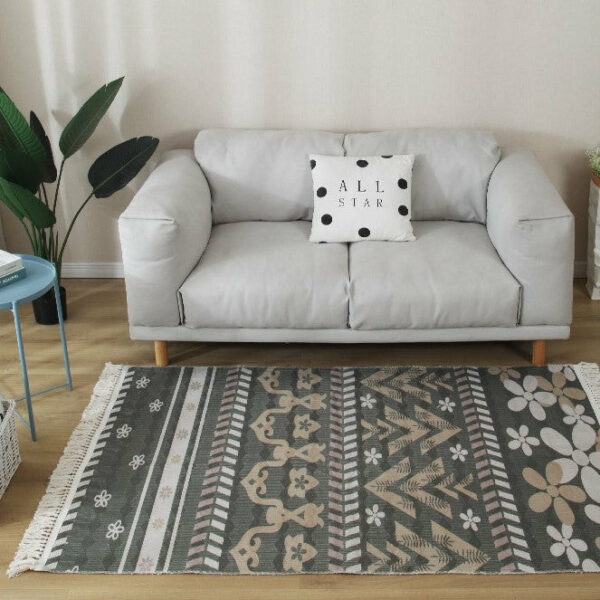 Black Grey Floral Patterned Cotton Area Rug with Tassel Hand Woven Floor Carpet Rug for Living Room Bedroom - Image 2
