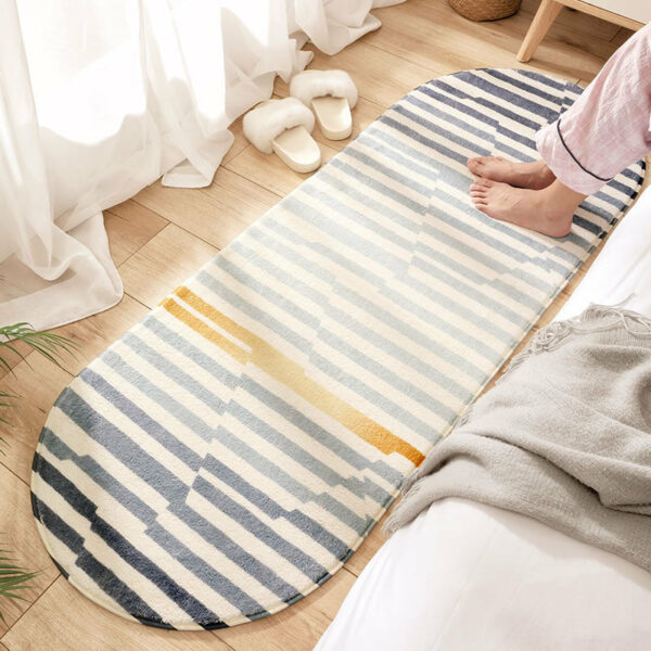 Blue Lines Patterned Oval Plush Soft Girls Boys Bedroom Kids Room Bedside Carpet Rugs Runners