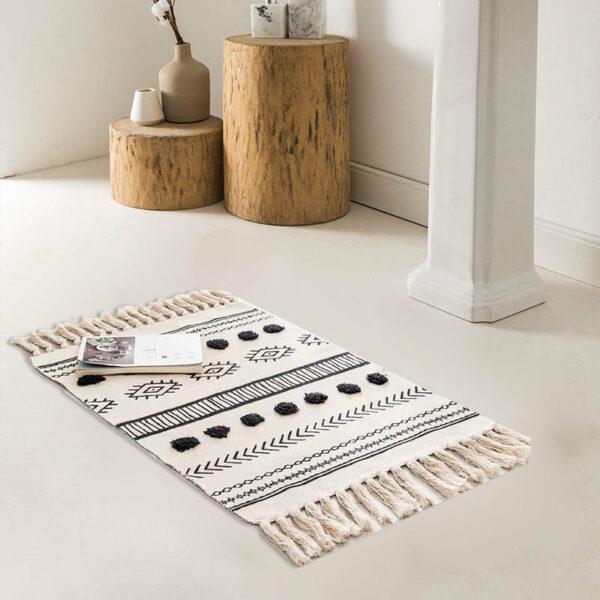 White Geometric Warm Cotton Vintage Striped Area Rug with Tassel Hand Woven Floor Carpet Rug for Bedroom Living Room