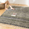 Black Green Rhombus Geometry Pattern Cotton Area Rug with Tassel Hand Woven Floor Carpet Rug for Bedroom Living Room