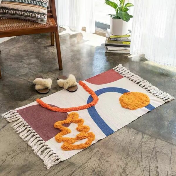 Retro Moroccan Geometric Pattern Cotton and Linen Area Rug with Tassel Handwoven Floor Carpet Rug for Living Room Bedroom 25