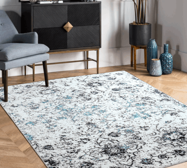 Blue and Grey Vintage Print Pattern Faux Cashmere Soft Shaggy Area Rug Carpets For Living Room Bedroom Hall Office