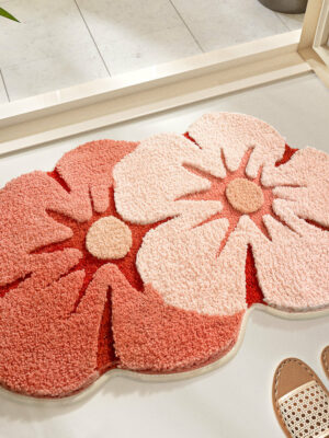 Irregular Colorful Pink Flower Extra Soft Flocking Bath Mats Absorbent Non-Slip Bathroom Rugs